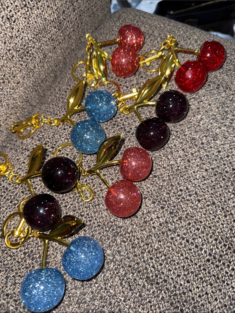 LOT 7  Glitter Cherry keychain,- Blue, Red, Black purple